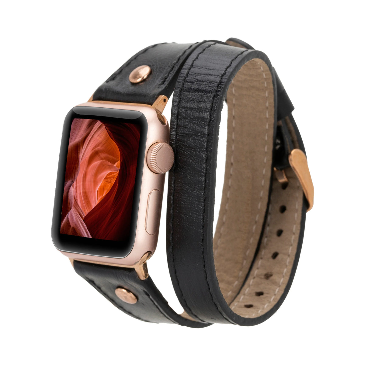 Double Tour Leather Apple Watch Band with Rose Gold Trok - Hector